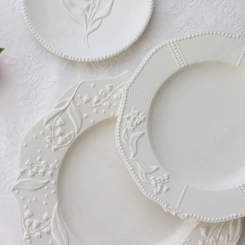 Lily of The Valley Ceramic Plate American Embossed Cake Dessert Dish European Modern Flower Relief Lace Dinner Plates Tableware