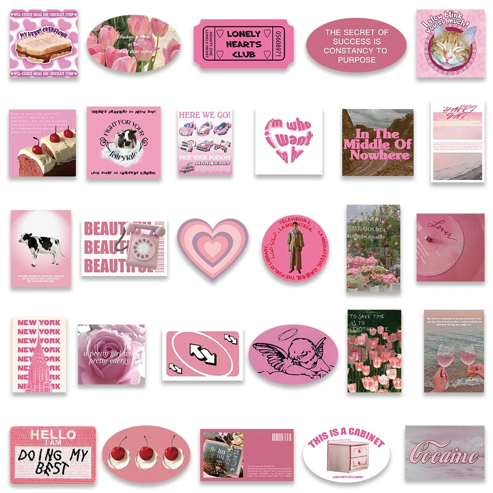 56pcs Pink Korean Ins Style Stickers Aesthetic Phone Motorcycle Travel Luggage Guitar Skateboard Bottle Waterproof Sticker