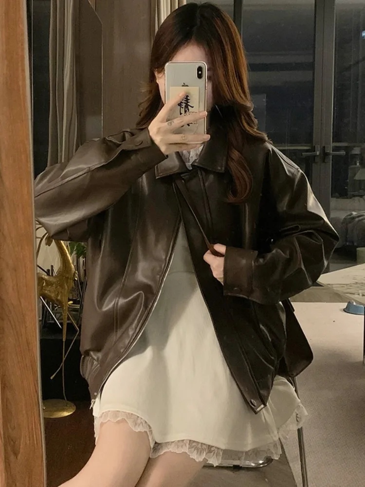 Kumikumi المرأة فضفاضة تناسب سستة بولي Leather الجلود Jaet Bla التخسيس تنوعا الخريف أعلى جودة المواد مريحة Sle