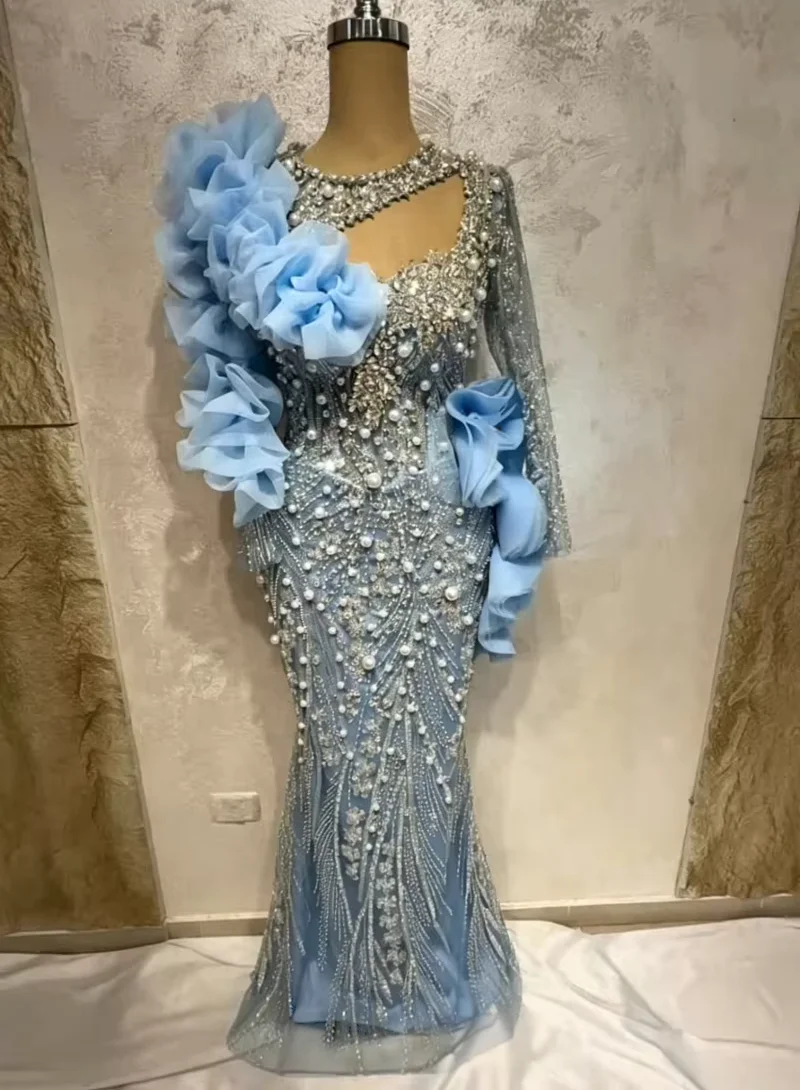 Sky Blue Long Sleeves Middle Eastern Evening Dresses Luxury Beaded Saudi Arabia Dubai Robe De Soiree Prom Dress Gown Customized