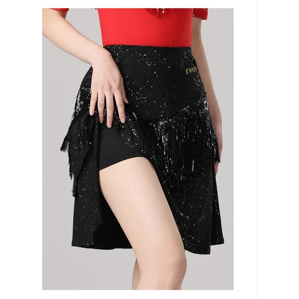 

Womens Latin Dance Half-body Skirt Female Practice Dress Summer New Sequins Tassel Modern Black Sorority Square Dancing Clothes