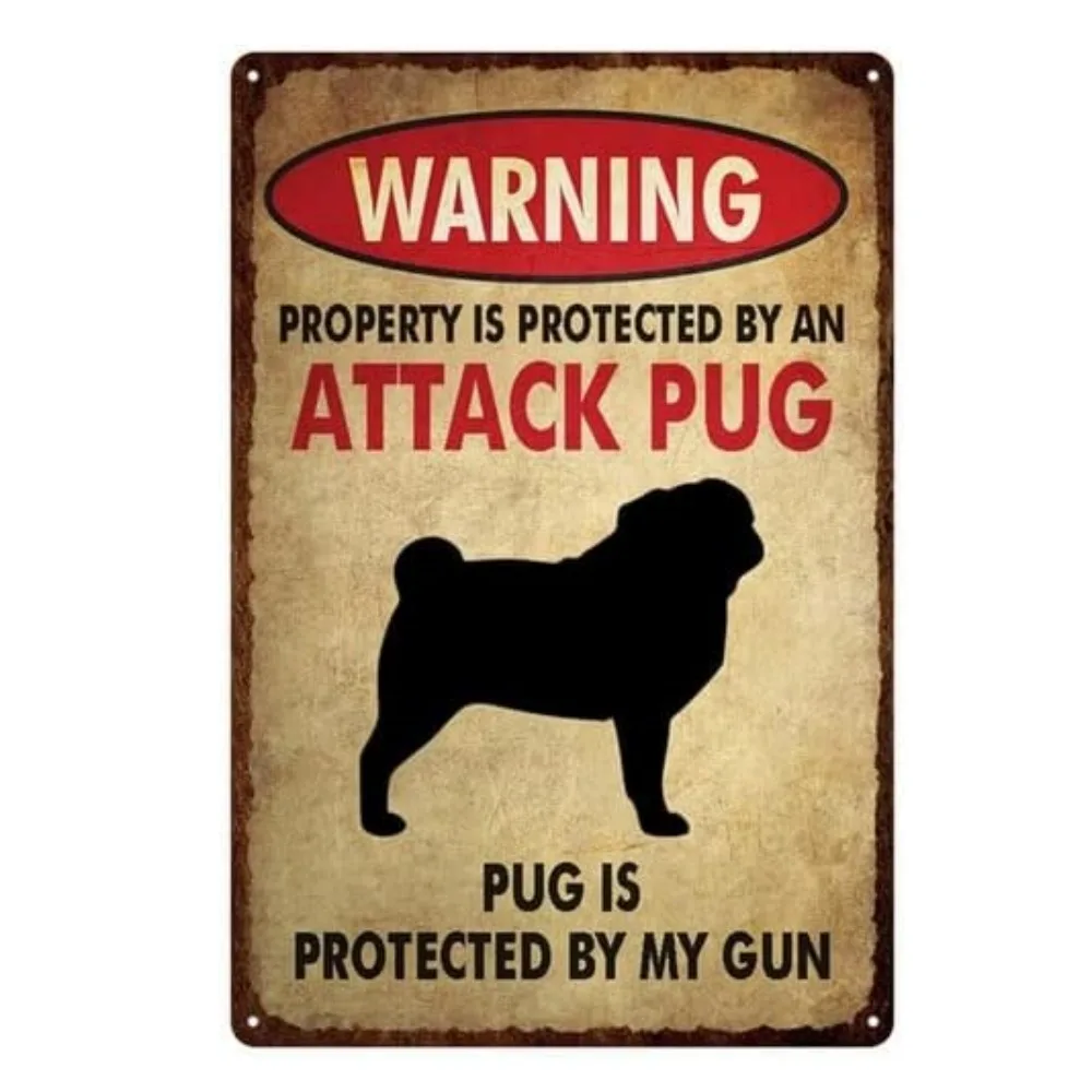 Lustiges Attack-Mops-Metallblechschild – 30 x 30 cm, Neuheitsdekoration für Zuhause