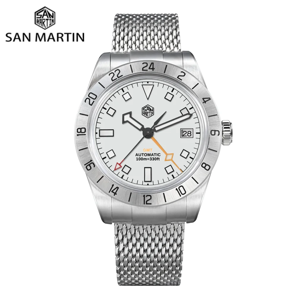 San Martin NH34 GMT Automatic Watch 39mm Luxury Wrist Clock Mesh Bracelet Quick Adjust Clasp 100m Waterproof Sapphire SN0135