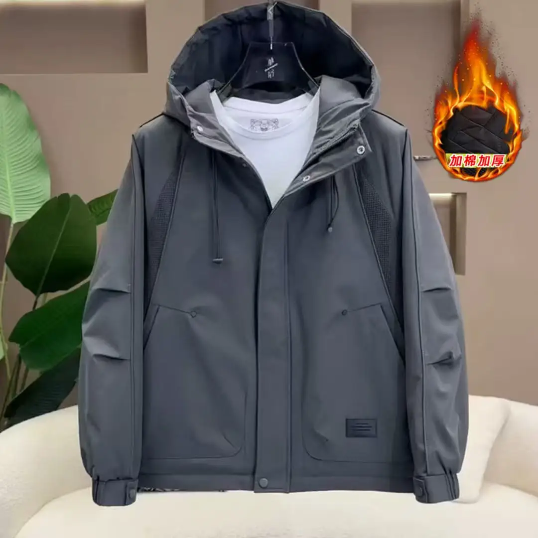 

2025 Autumn/Winter New Men's Hooded Cotton Jacket with Thick Velvet for Warmth and Loose Outdoor Anti Wrinkle Cotton Jacket