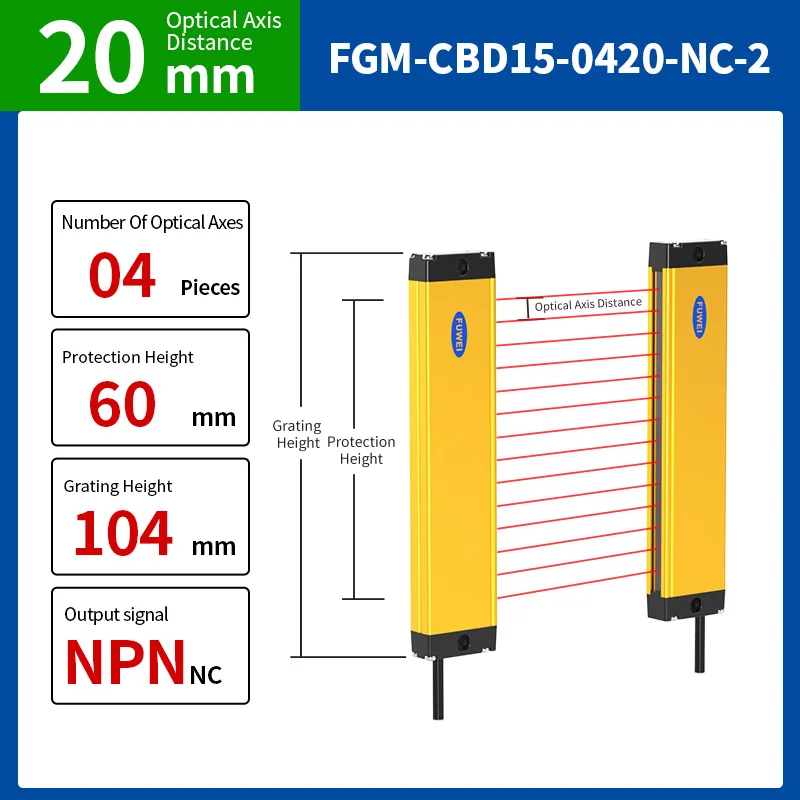 FGM-CBD15-0420-NC-2 DC24V Safety Light NPN PNP Output Finger Detection Safety Infrared Safety Light Curtain