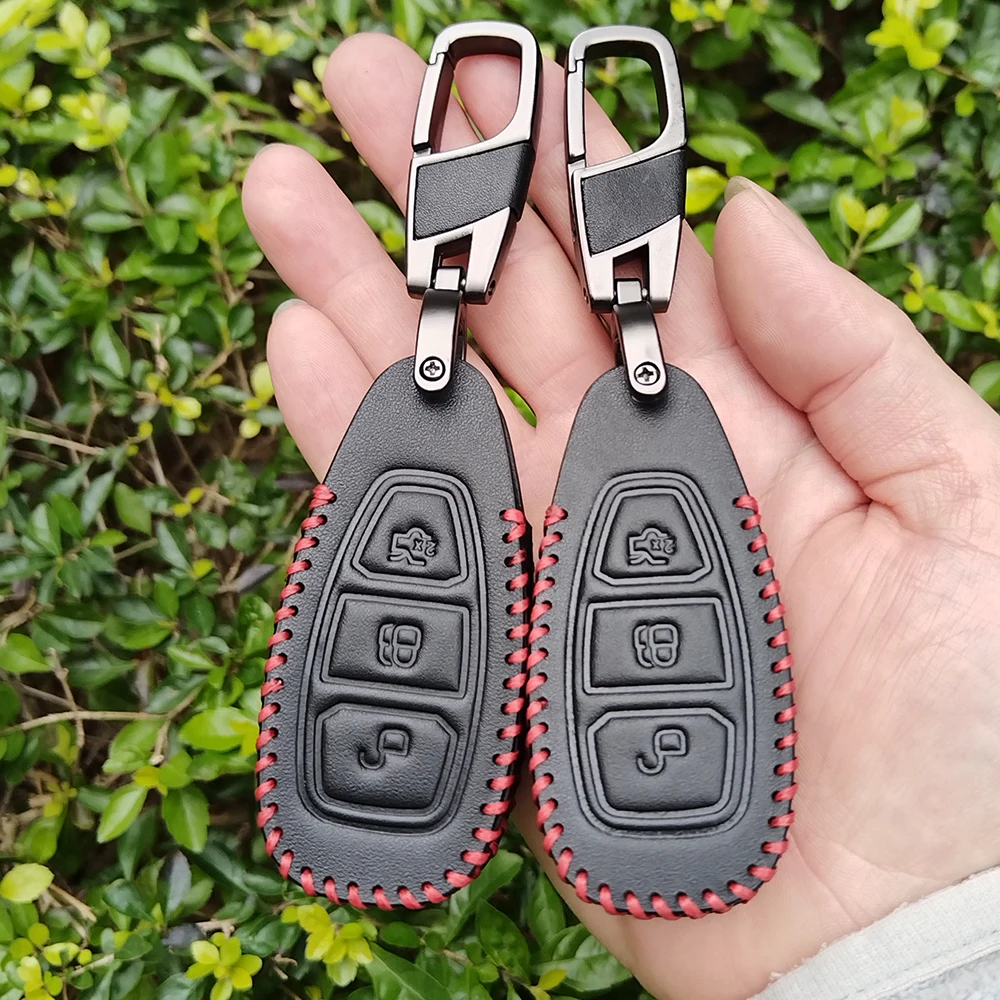 Funda de cuero para llave de coche con 3 botones, funda Fob para Ford c-max Mondeo Kuga Fiesta Titanium Ford Focus 3 4 ST MK3 MK4, accesorios para bolsa