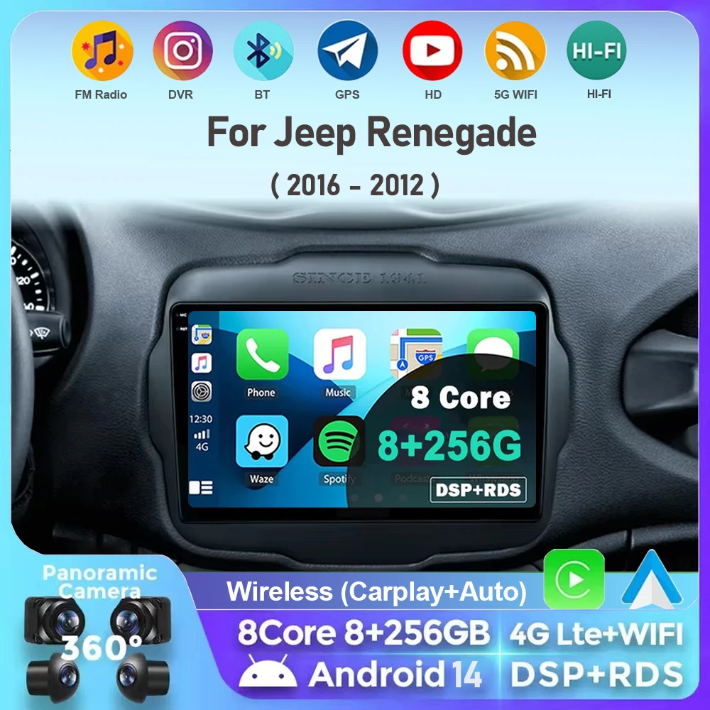 

Android 14 Multimedia Player For Jeep Renegade 2016-2020 Carplay Android Auto Car Radio Stereo 4G Wifi 360 camera head unit DVD