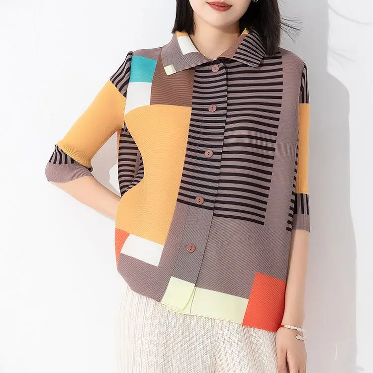 Miyake Casual Fashion Loose Plus Size Shirt Color Matching Printing Lapel Single-breasted Three-quarter-sleeve Cardigan Top