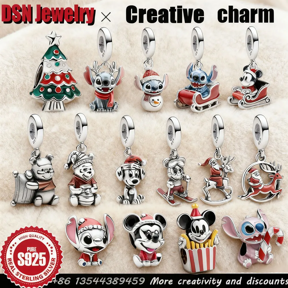 

DSN Creative 925 Silver Charm Disney style Stitch Mickey Christmas charm Customizable bead dangle charms female Jewelry gifts