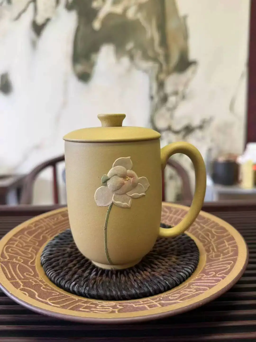 Yixing Lidded Cup With Lotus As The Centerpiece Pure Handmade From Local Green Clay Cc High End Premium Purple Clay Tea