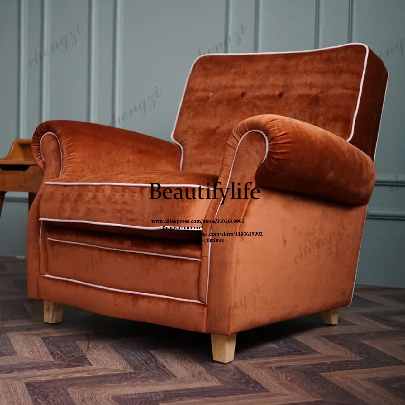 132 Orange brown velvet zipper single sofa chair with retro edging, light luxury living room, casual armchair