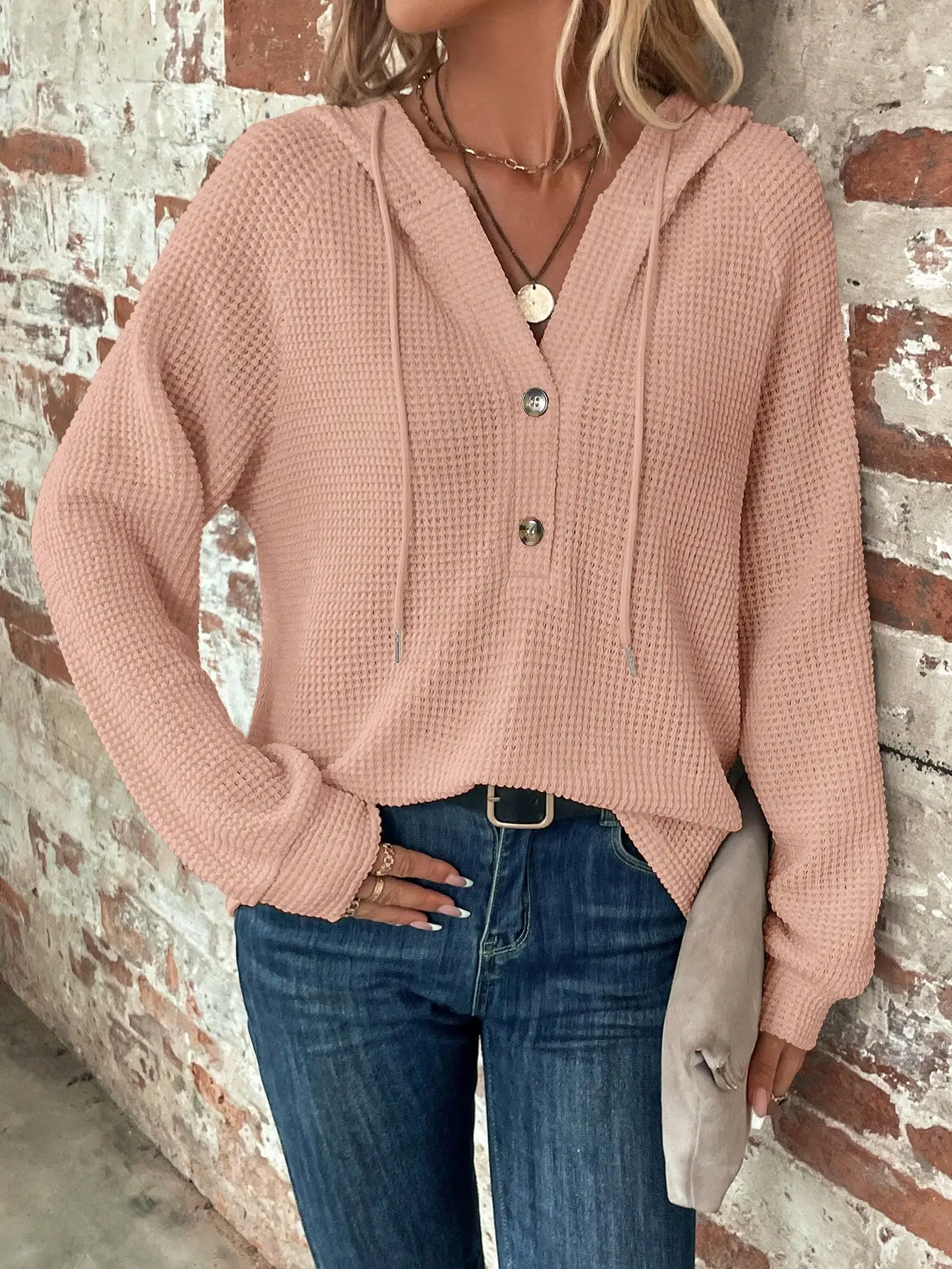 

Женская толстовка с капюшоном и воротником-стойкой, вязаная вафельная ткань, с пуговицами спереди, повседневный пуловер с длинным рукавом для осени и зимы