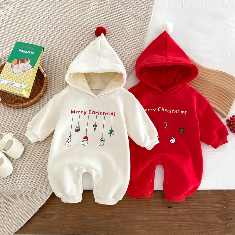 Christmas Baby Jumpsuits Fleece Lining Newborn Romper Infant Boys Girls Clothes Hooded Toddler Outfit Kids Onsie for New Year