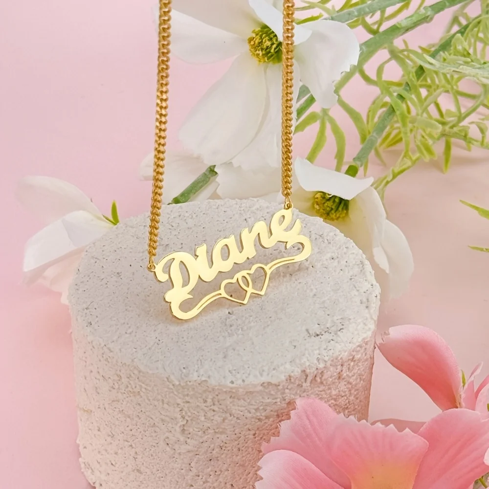 Custom Cursive Name Double Heart Necklace Personalized Script Nameplate Cuban Chain Necklace Women Stainless Steel Jewelry