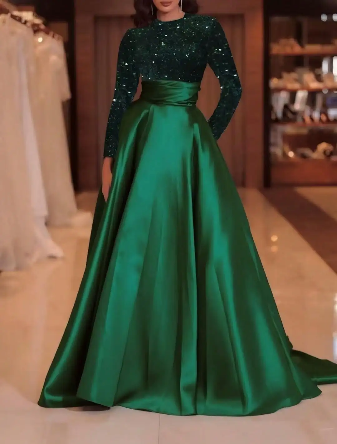 

Emerald Green Sequin Velvet & Satin Ball Gown with Long Sleeves and Sash Waist