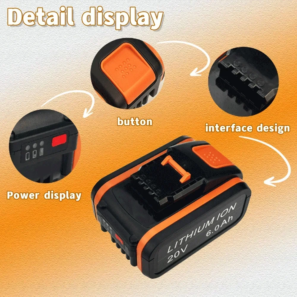 6.0Ah 20V For Worx WA3551.1 5.0Ah Li-ion Battery WA3553.2 WX390 WA3572 WX367 With charger