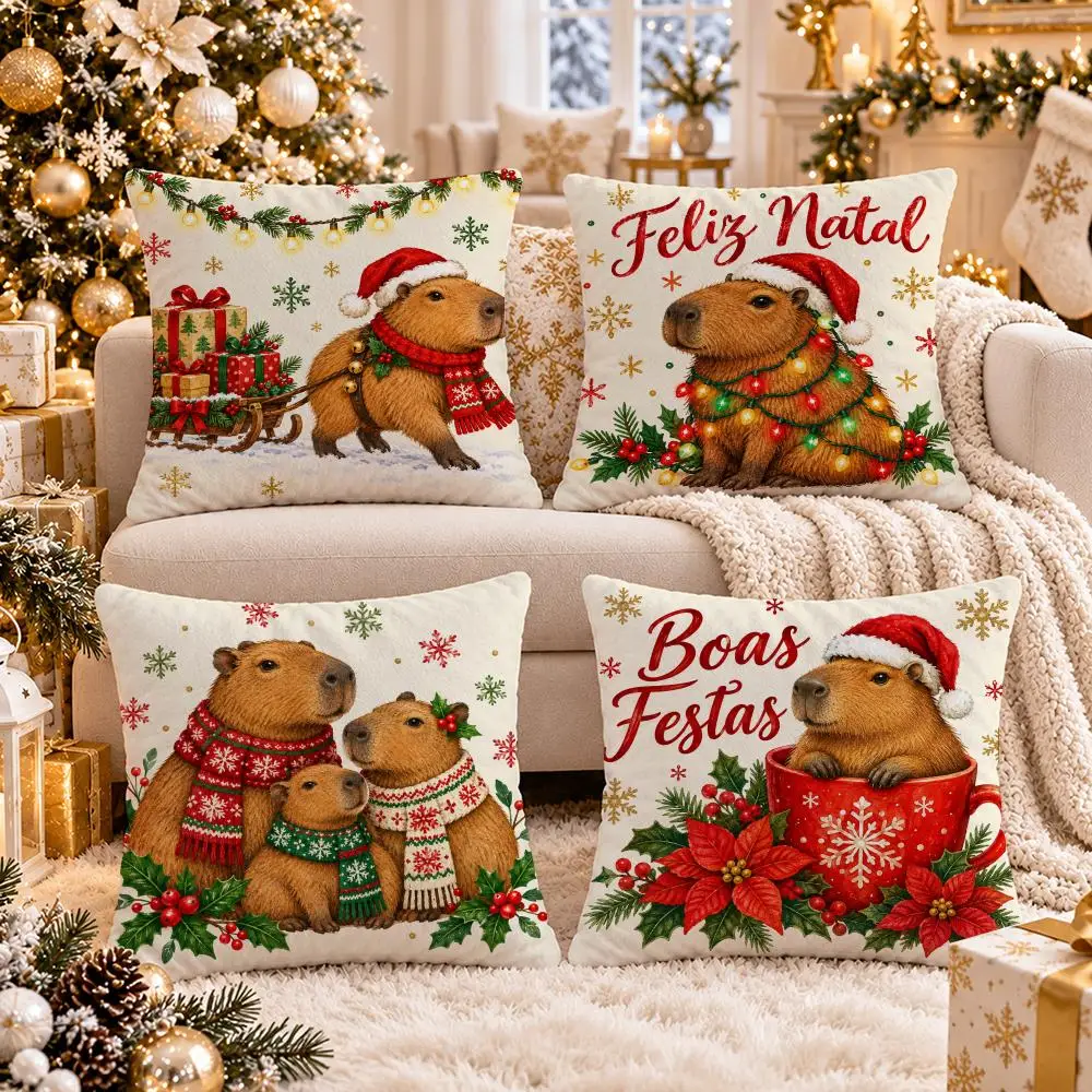 Capybara Feliz Natal Cushion Cover 1/4Pcs Soft Plush Cushion Case Throw Pillowcase Cozy Home Sofa Bed Living Room Decor
