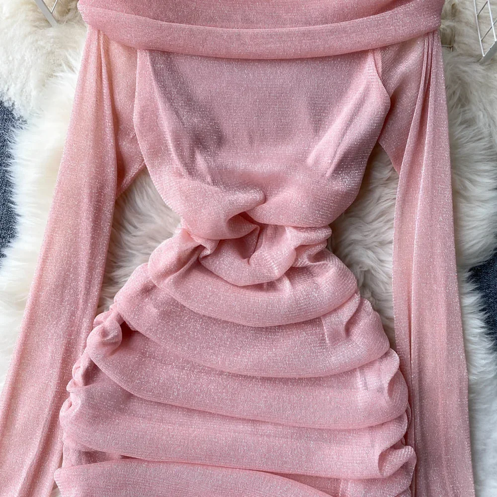 Sexy Off Shoulder Bodycon Mini Dress Women Fashion Spring Slash Neck Long Sleeve Shinny Mesh Drawstring Ruched Club Party Dress