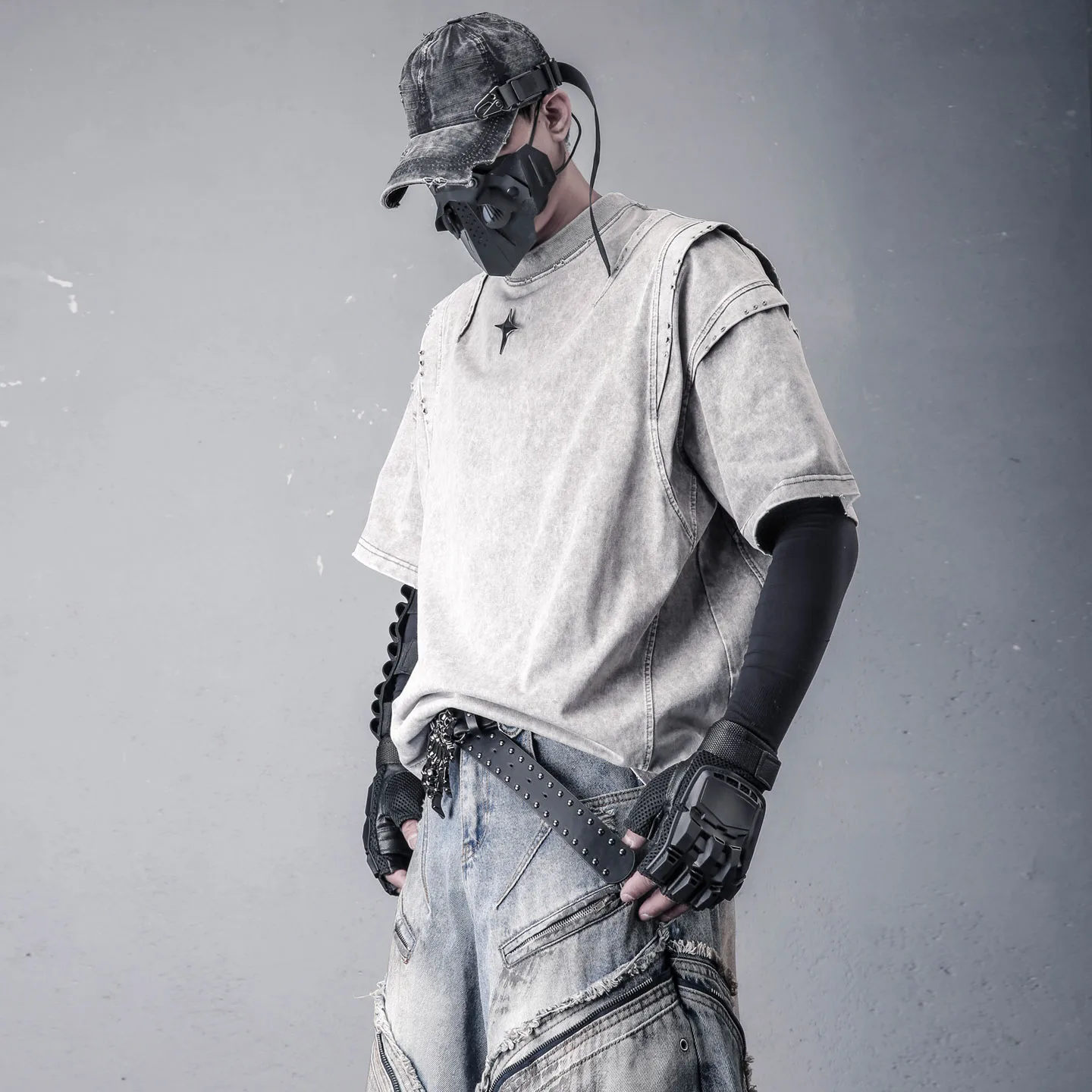 Wasteland Wind High Street Mechanical Deconstruction Short Sleeve T-shirt Ruan Shuai Washed Distressed Heavy Half Top Metal