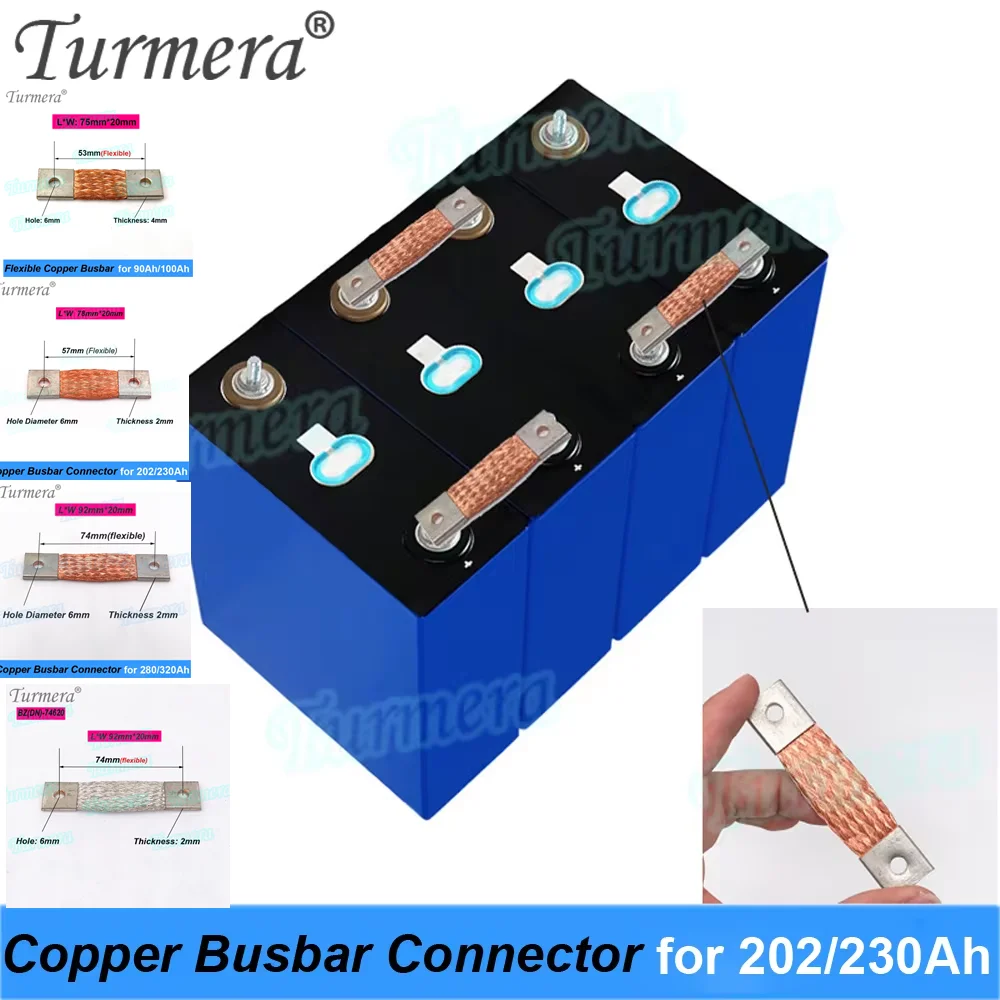 Turmera 12V Busbar Lifepo4 Battery Flexible Copper Connecter Hole to Hole 57mm 2mm 400A Use in 200Ah 202Ah 230Ah Lifepo4 Battery