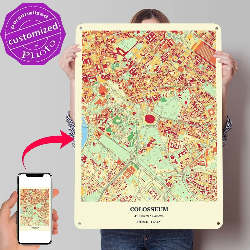 Colosseum Map of Rome Printed Poster Customized Wall Art Retro Vintage Metal Tin Signs for Coffee Bar Accessories Room Decor Men