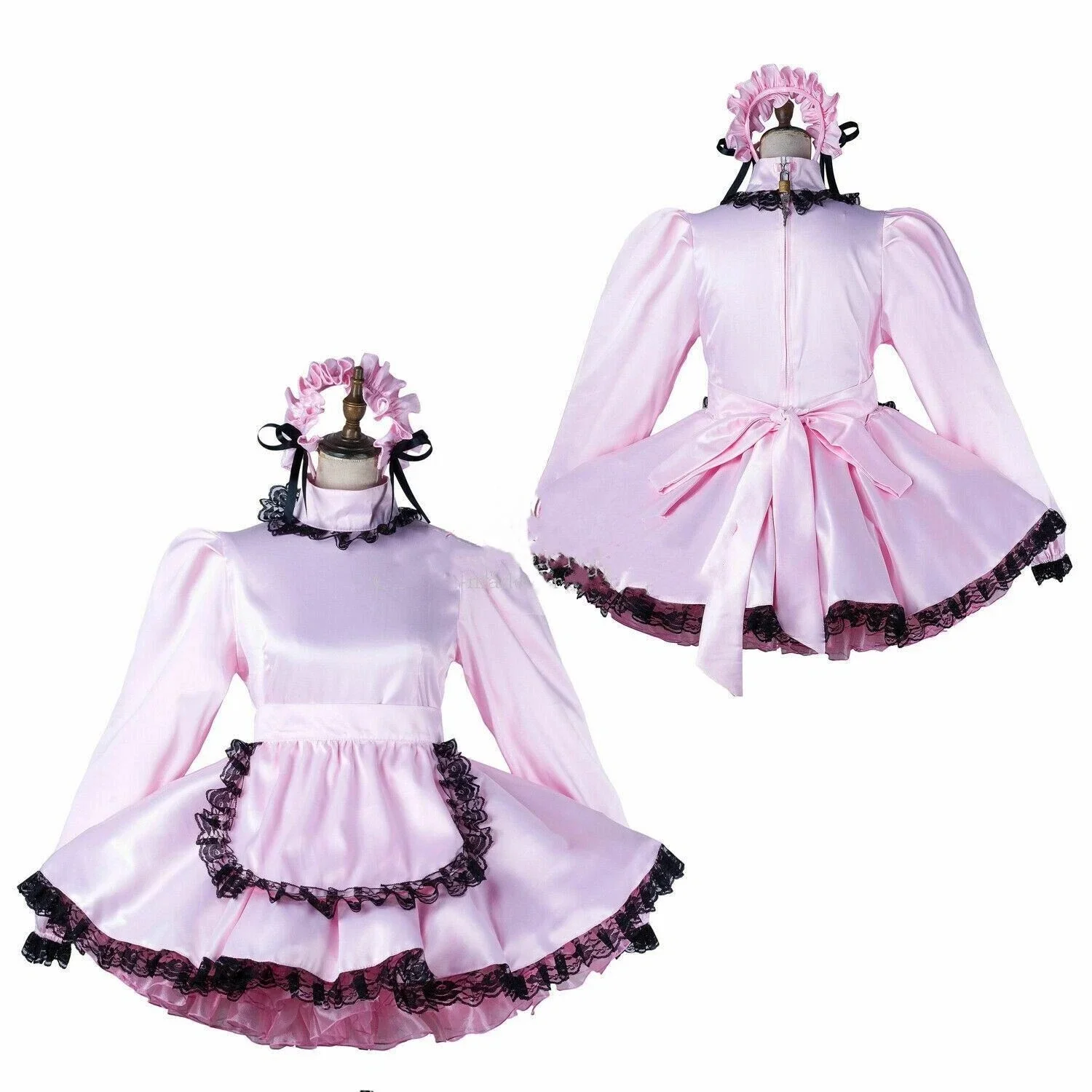 

Sexy Sissy Pink Satin French Maid Dress with Black Lace Ruffles Lockable Cosplay Costume Customizable for Special Occasions