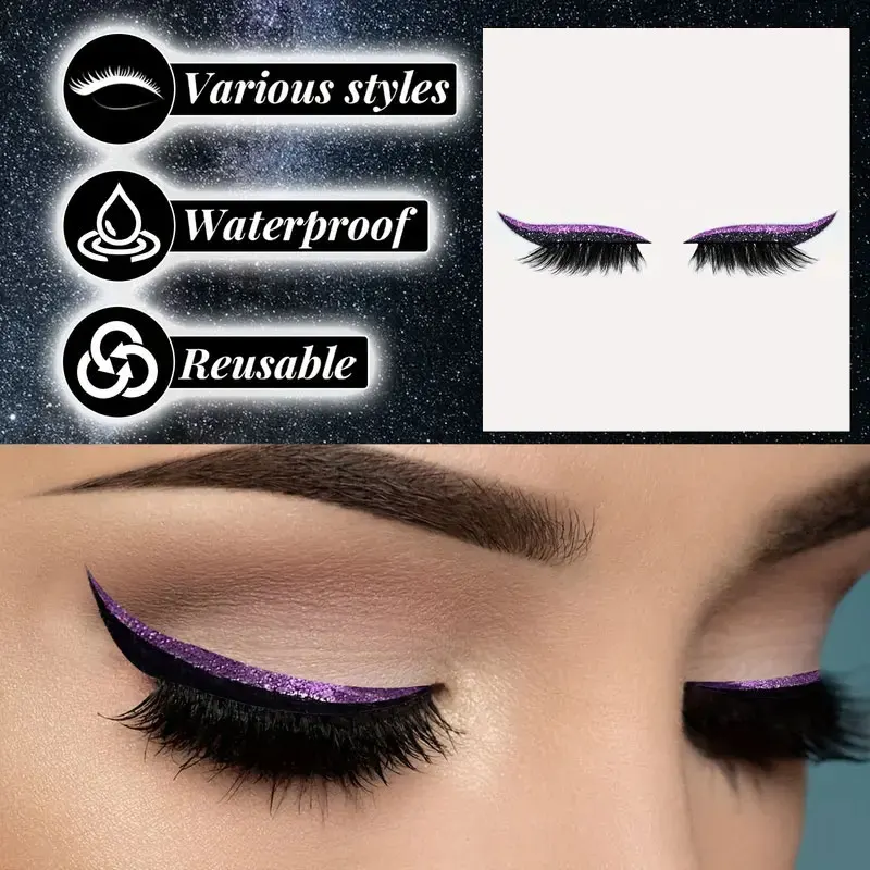 طقم رموش صناعية لامعة ذاتية اللصق، مقاومة للماء وخالية من الغراء، مثالية لمكياج الحفلات والمسرح