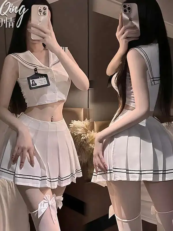 Conjunto JK estilo Academia para mujer, Top sin mangas con cuello azul marino, puro deseo, conjunto de vestido de dos piezas para chica, encantador y dulce fuego 0CM9