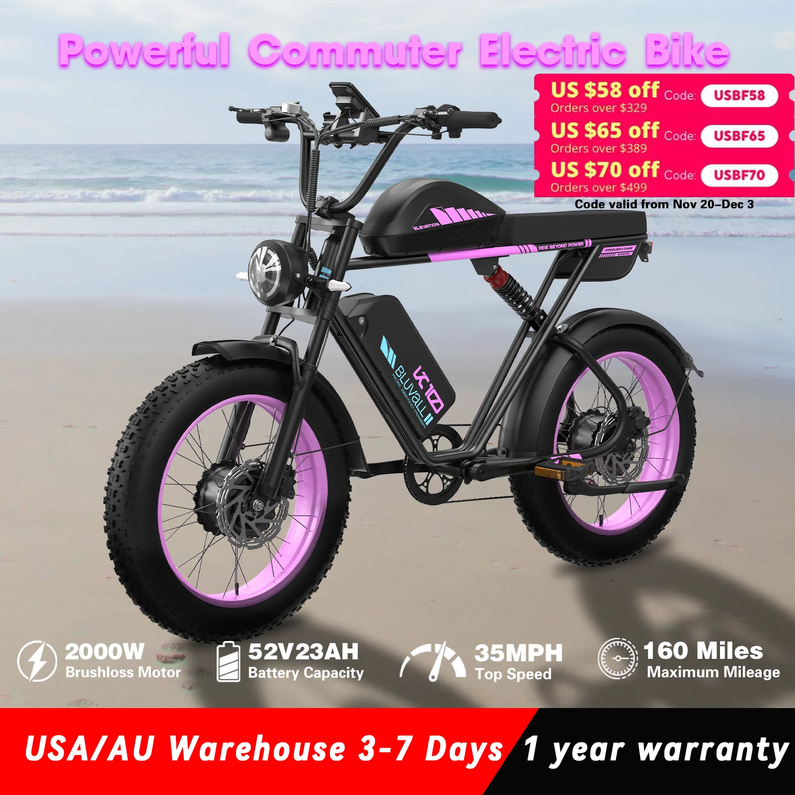 

52V Dual Motor Electric Bicycle - 35MPH 20" Ebike 160-Mile Range for Ride Long Trips Weekend Adventures UL-Certified Battery