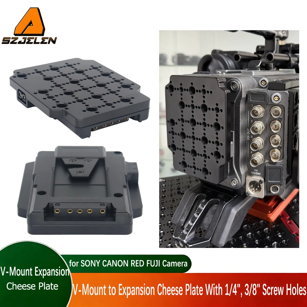For SONY CANON RED FUJI Camera V-Mount battery expansion cheese plate. Featuring 1/4 and 3/8 anti-twist holes.