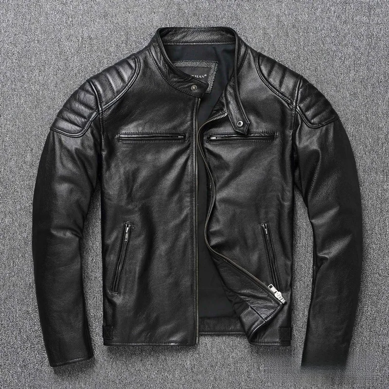 Genuine Cowhide Leather Jacket Men Vintage Yellow Brown Motorcycle Biker Coat Spring Autumn Asian Size Chaqueta Moto