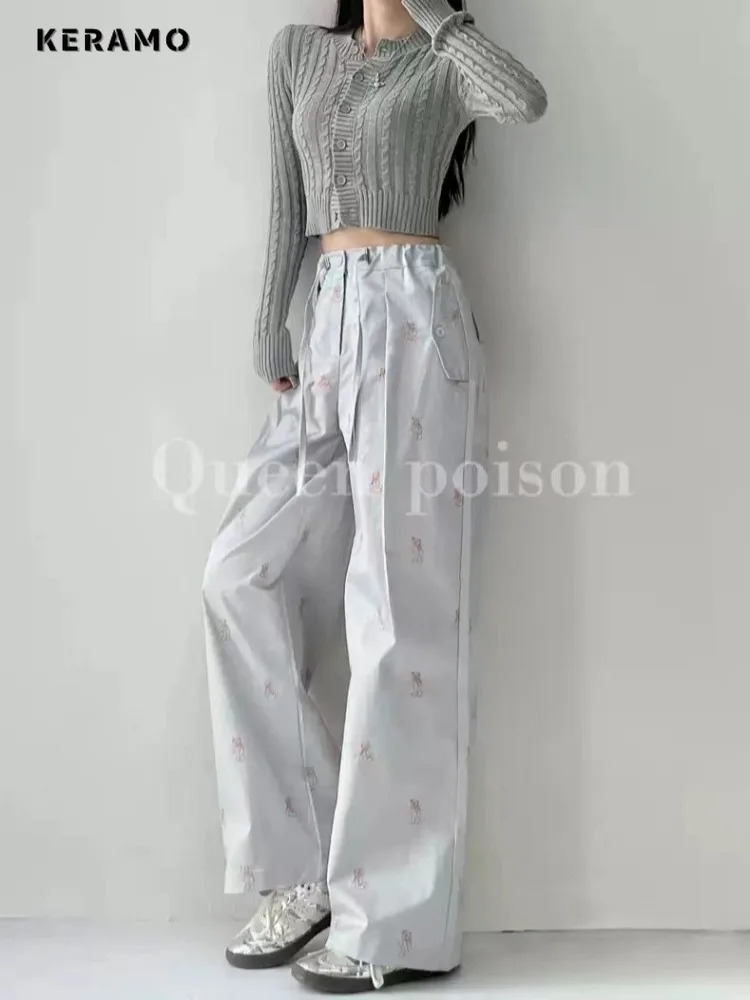 

2024 Summer Korean Casual Style Printting High Waist Suit Pants Women Fashion Loose Wide Leg Basics Lace-up Full Length Trousers