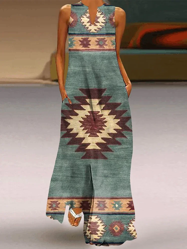 Abito bohémien con stampa geometrica retrò per abito lungo elegante con scollo a V alla moda, abito casual da vacanza, abito da sera per cena da cocktail