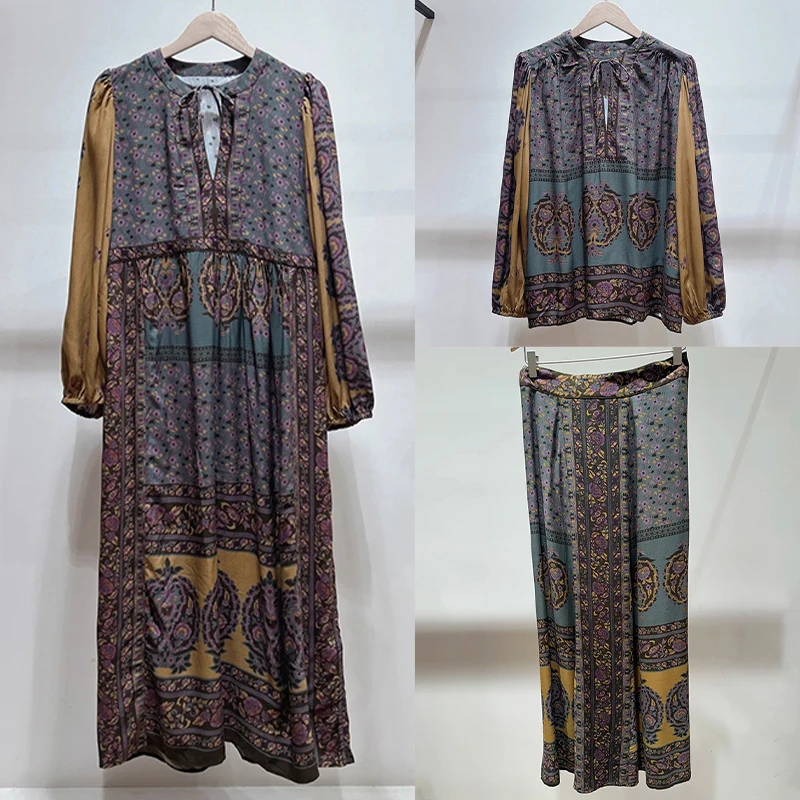 

Ele винтажный принт V-Ne Long Sve Dr с брюками для женщин, осень-зима, модный повседневный удобный полиэстер Dr