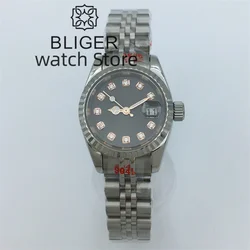 BLIGER 26mm Japan NH05 Automatic Watch For Ladies Gray dial Rose gold Diamond Index Date Sapphire glass Silver Jubilee Bracelet