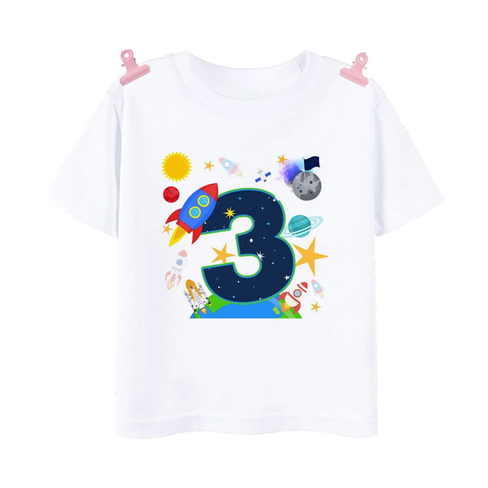 Camiseta con estampado de cohete aeroespacial para niños, traje de fiesta de cumpleaños con tema aeroespacial, Tops para niños y niñas, 1-10