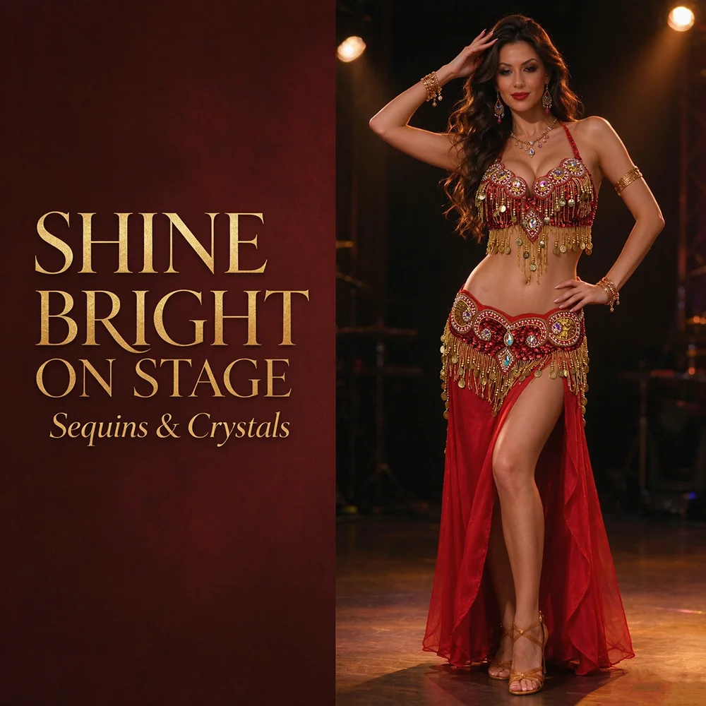 Women Belly Dance Costume Red Sequin Rhinestone Bra Hip Belt Set Golden Coin Tassel Performance Carnival Halloween Stage Outfits