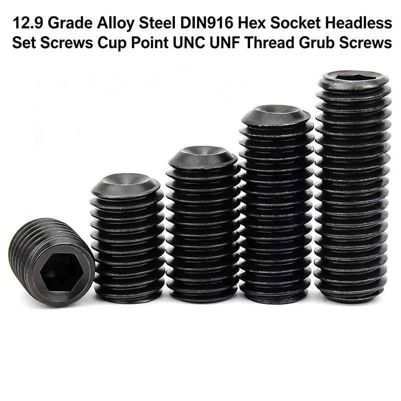 12.9 Grade Alloy Steel DIN916 Hex Socket Headless Set Screws Cup Point UNC UNF Thread Grub Screws