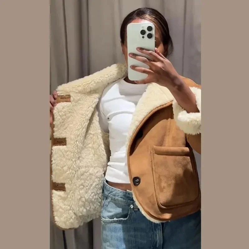 

2025 Autumn Winter Female Streetwear Chic Doube-Sided Women's Patchwork Fur Coat Stand Collar Single-Breasted Thick Jackets Lady