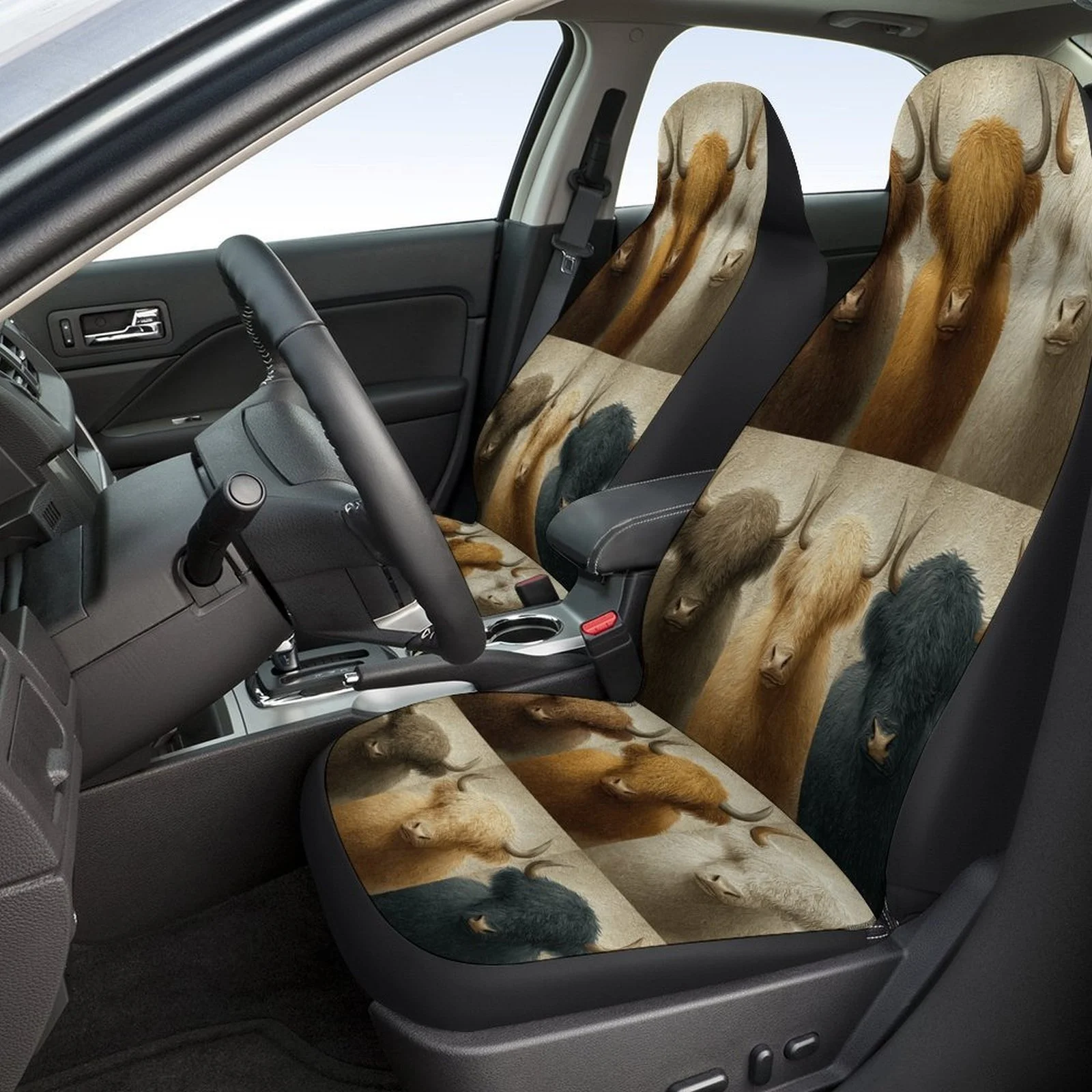 Set Of Car Seat Covers Featuring Highland Cattle Colors, Suitable For Various Vehicles. Stylish And Unique, This Complete Set In