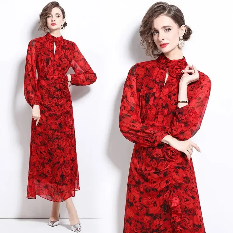 Good QualityParty High-grade Long-sleeved Chiffon Dress French Waist Slimming Temperament Flounce Pendant Long Skirt