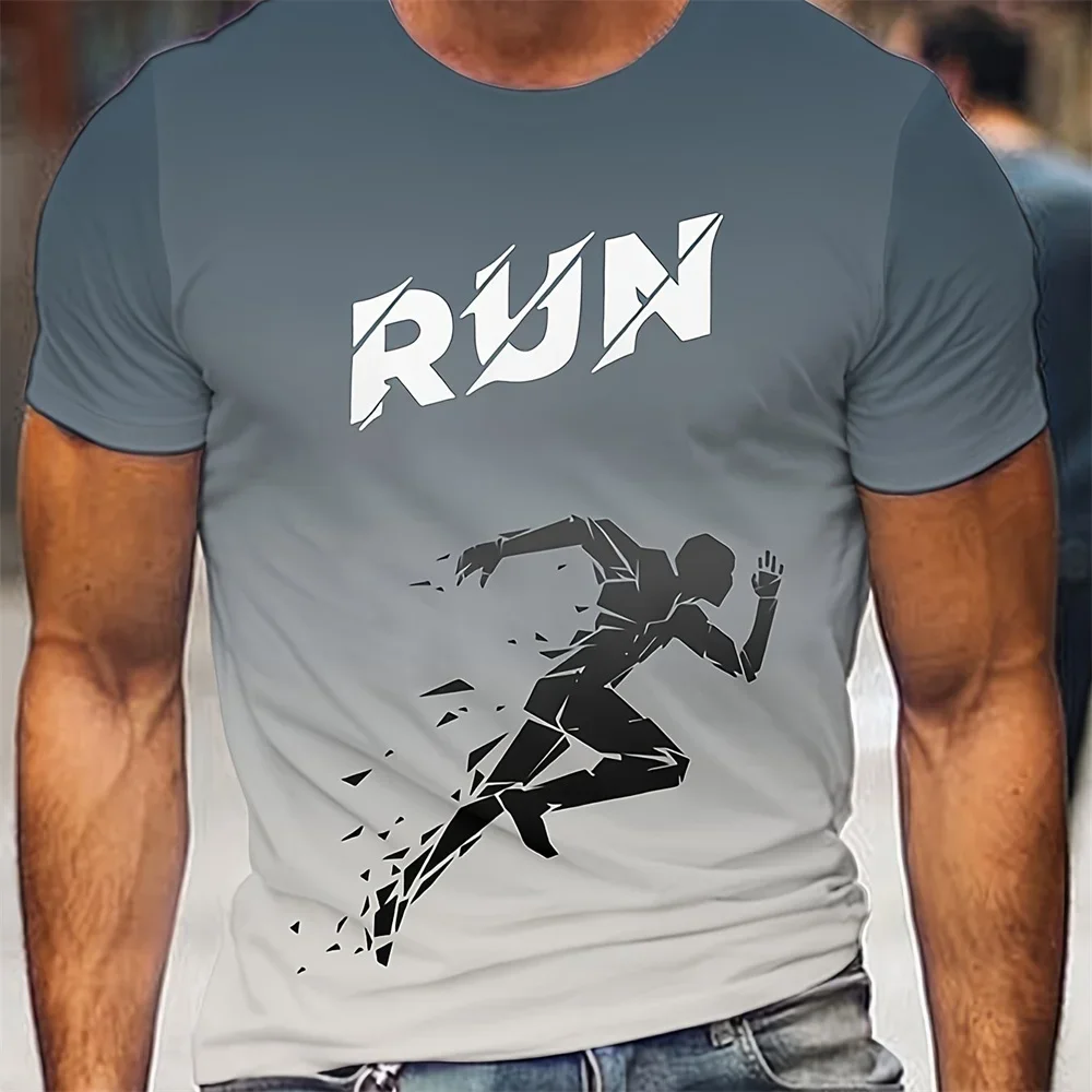 2026 Fashion Men's RUN Broken Runner Silhouette Graphic T-Shirt Gradient Blue Athletic Short Sleeve Tee Marathon Training Tops