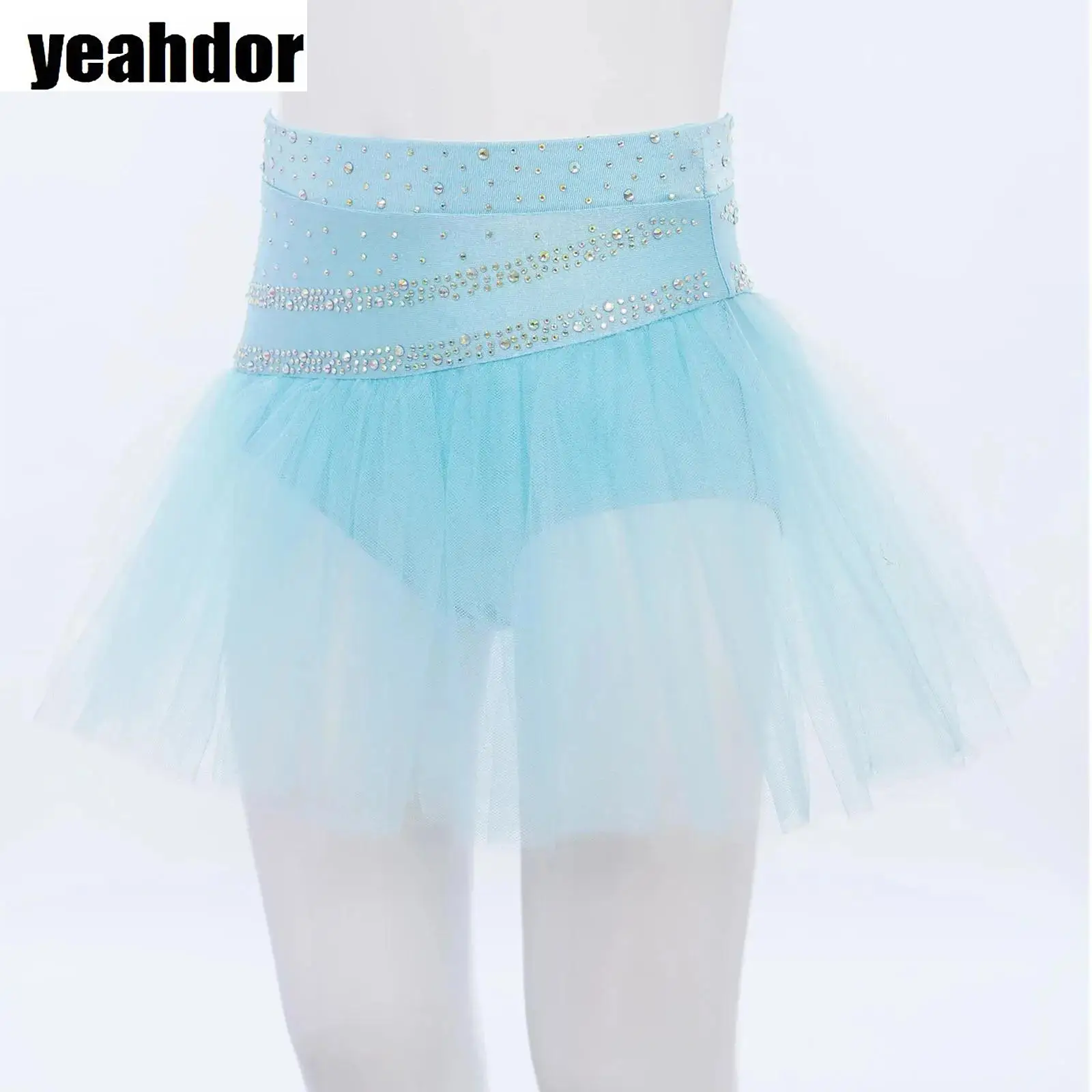 

Girls Ballet Skirt Shiny Rhinestone Ballerina Dance Tutu Skirt Gymnastics Leotard Skirts Princess Elastic 2 Layers Tulle Skirts