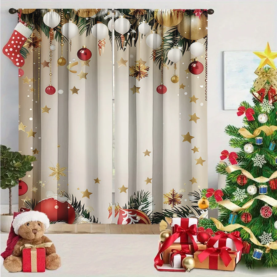 2PCS Gold Star Christmas Print Curtains, Beige Bauble Pine Branch Holiday Window Drapes for Xmas Bedroom Living Room Decor