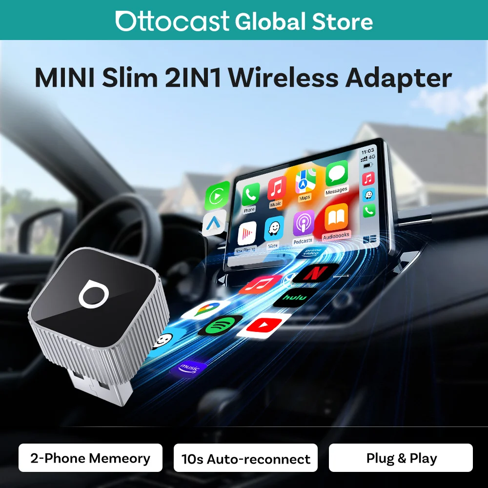 

Ottocast Mini Slim Carplay адаптер Android Auto беспроводной компактный автоматический переподсветка памяти двойного устройства быстрое сопряжение для автомобилей 98%