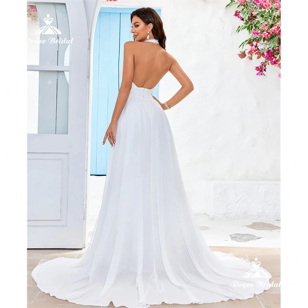 Roycebridal Halter A Line abito da sposa 2025 spacco laterale Chiffon corte treno abito da sposa vestidos de noviarobe de muslimpar