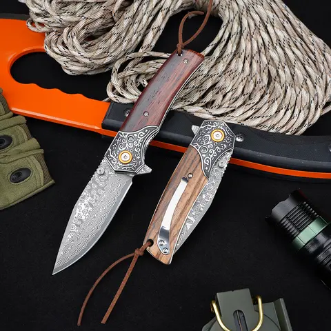 Neue Damaskus Taschen-faltende Messer Zebra Holz Griff Taktische Jagd Kampf Messer Outdoor Camping Überleben Messer EDC Jackknife
