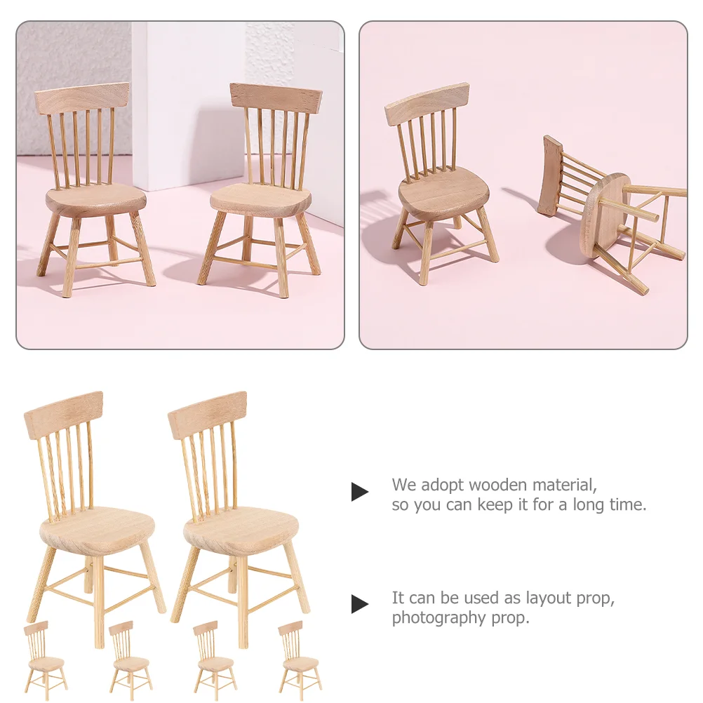 6 Pcs Dollhouse Chair Furniture Wood Mini Wooden Chairs Model Ornament Simulation Miniature