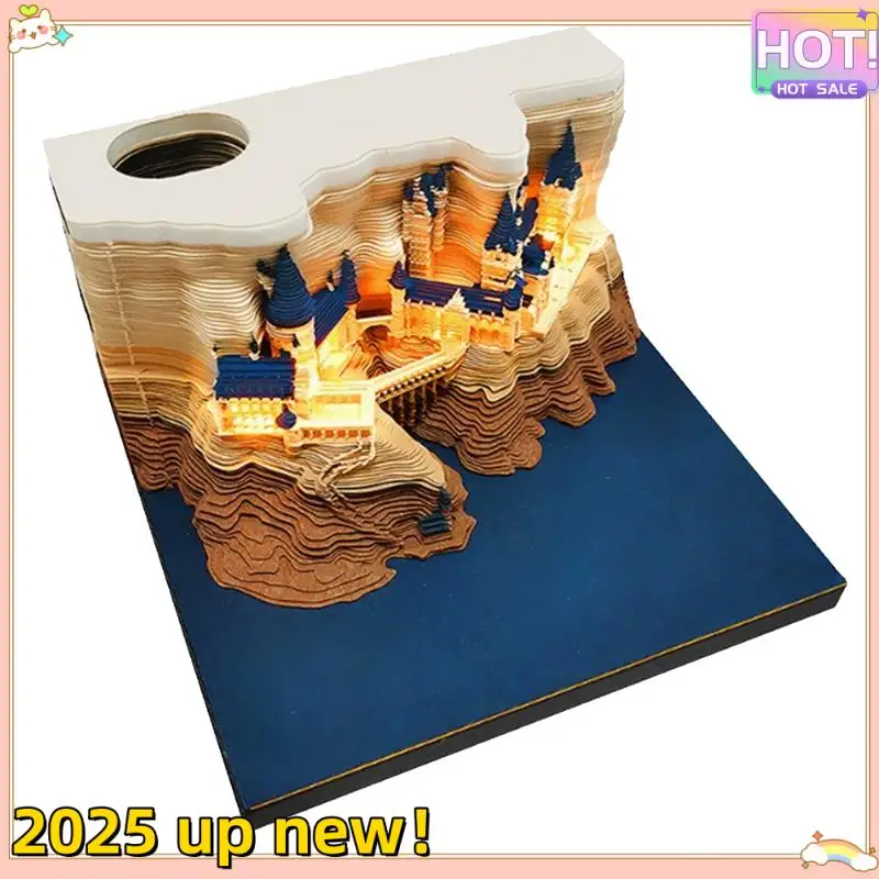 Classy-1 Set 3D Castle Calendar With LED Lights Paper Carving Art Desk Calendar Magic Castle Weekly Calendar Notepad Pen Holder