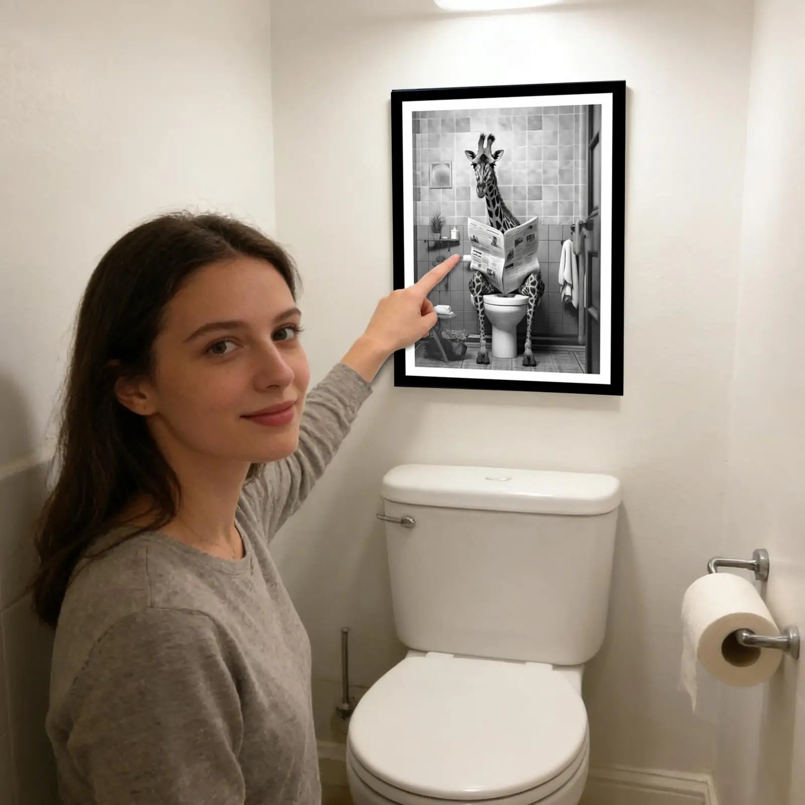 Funny Giraffe Bathroom Canvas Wall Art Black White Animal Reading Newspaper Toilet Humor Poster for Home Restroom Hotel Decor